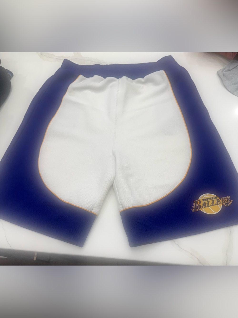 White & Purple Athletic Shorts with 'SDC' Snoop Dogg Clothing Company Applique
